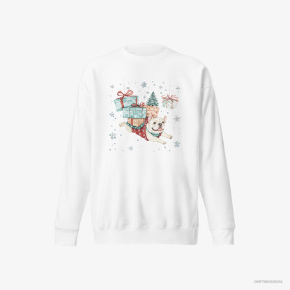 Bulldog Sweatshirt – Women White Sweatshirt Eco-Friendly – Sprinting with Christmas Packages (on White Background)