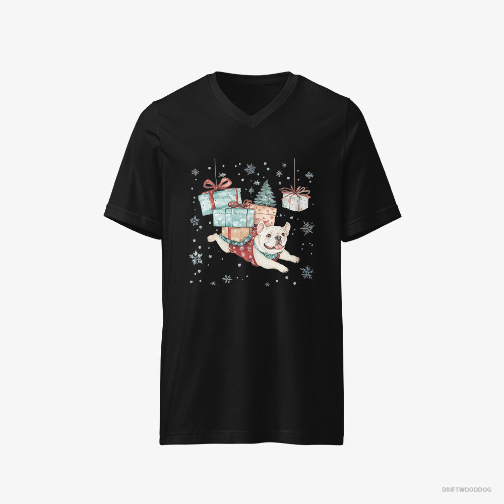 Bulldog T-Shirt – Women Black T-Shirt V-Neck – Sprinting with Christmas Packages (on White Background)