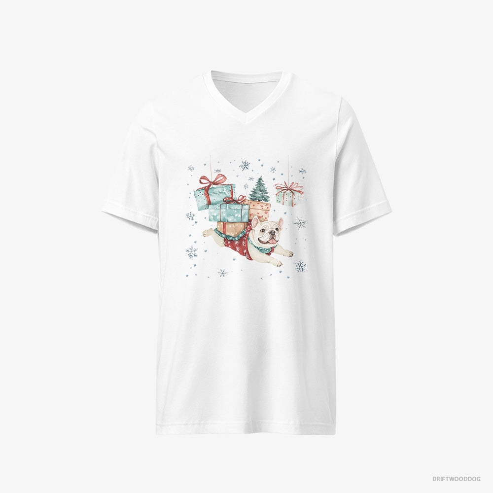 Bulldog T-Shirt – Women White T-Shirt V-Neck – Sprinting with Christmas Packages (on White Background)