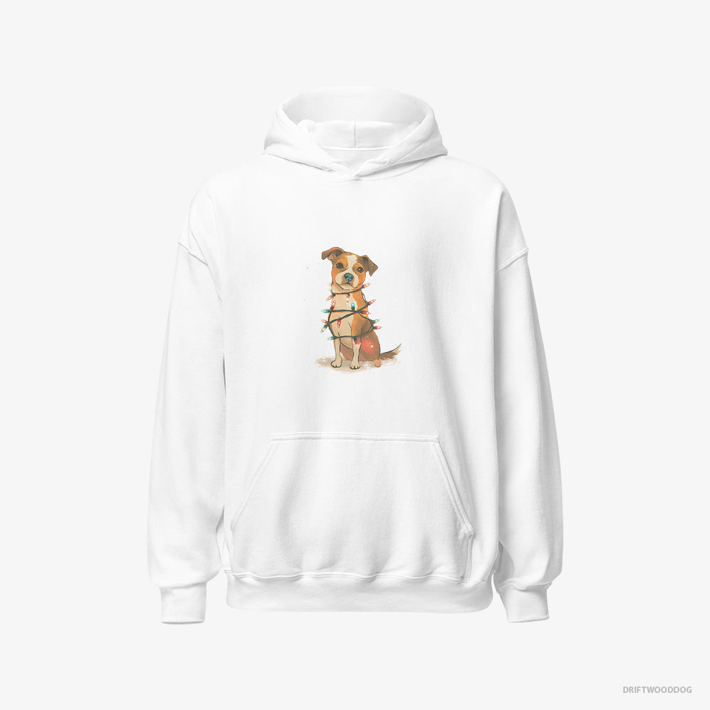 Jack Russell Terrier Hoodie – Men White Hoodie Classic – Wrapped in Glowing Christmas Lights (on White Background)