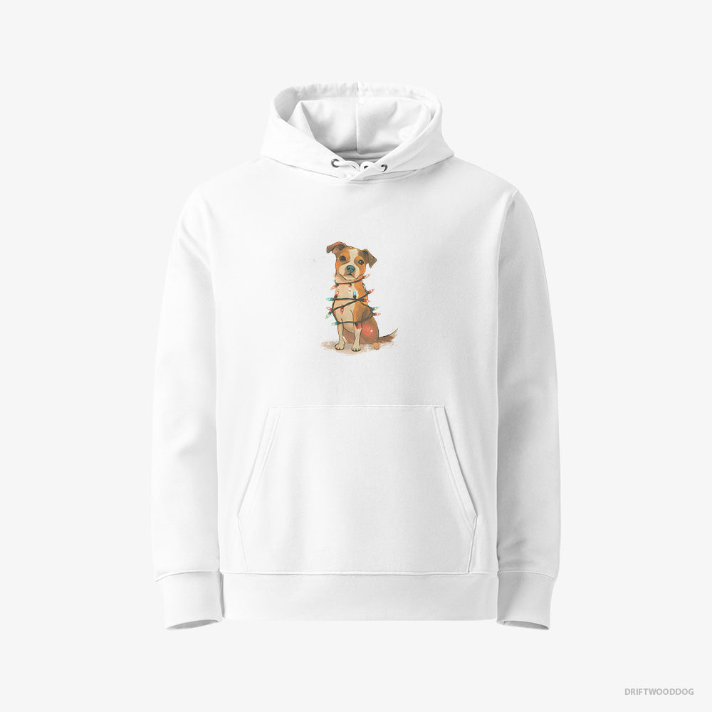 Jack Russell Terrier Hoodie – Women White Hoodie Eco-Friendly – Wrapped in Glowing Christmas Lights (on White Background)