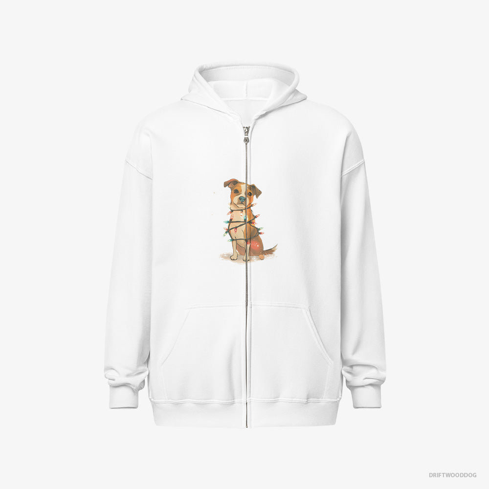 Jack Russell Terrier Hoodie – Men White Hoodie Full-Zip – Wrapped in Glowing Christmas Lights (on White Background)