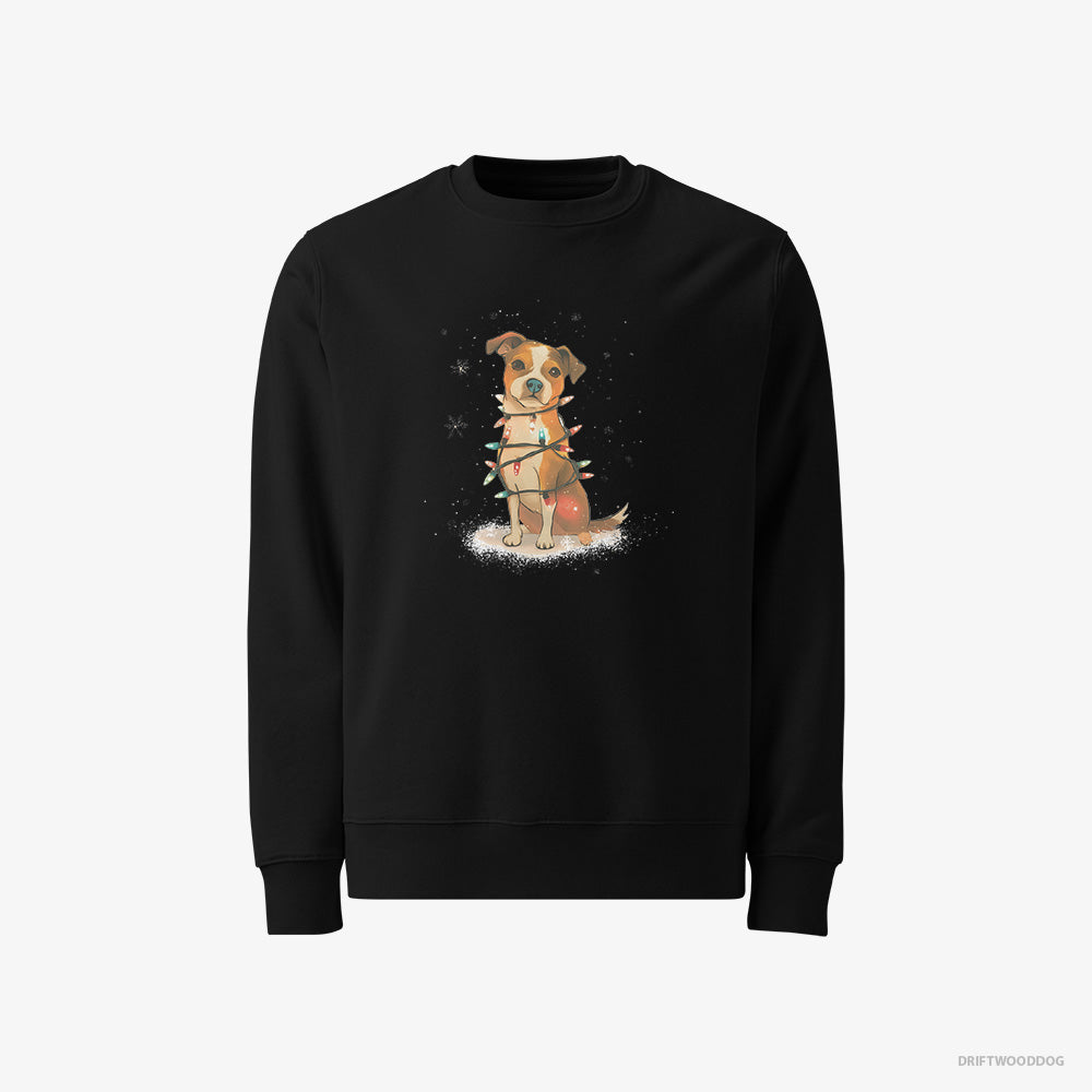 Jack Russell Terrier Sweatshirt – Men Black Sweatshirt Classic – Wrapped in Glowing Christmas Lights (on White Background)