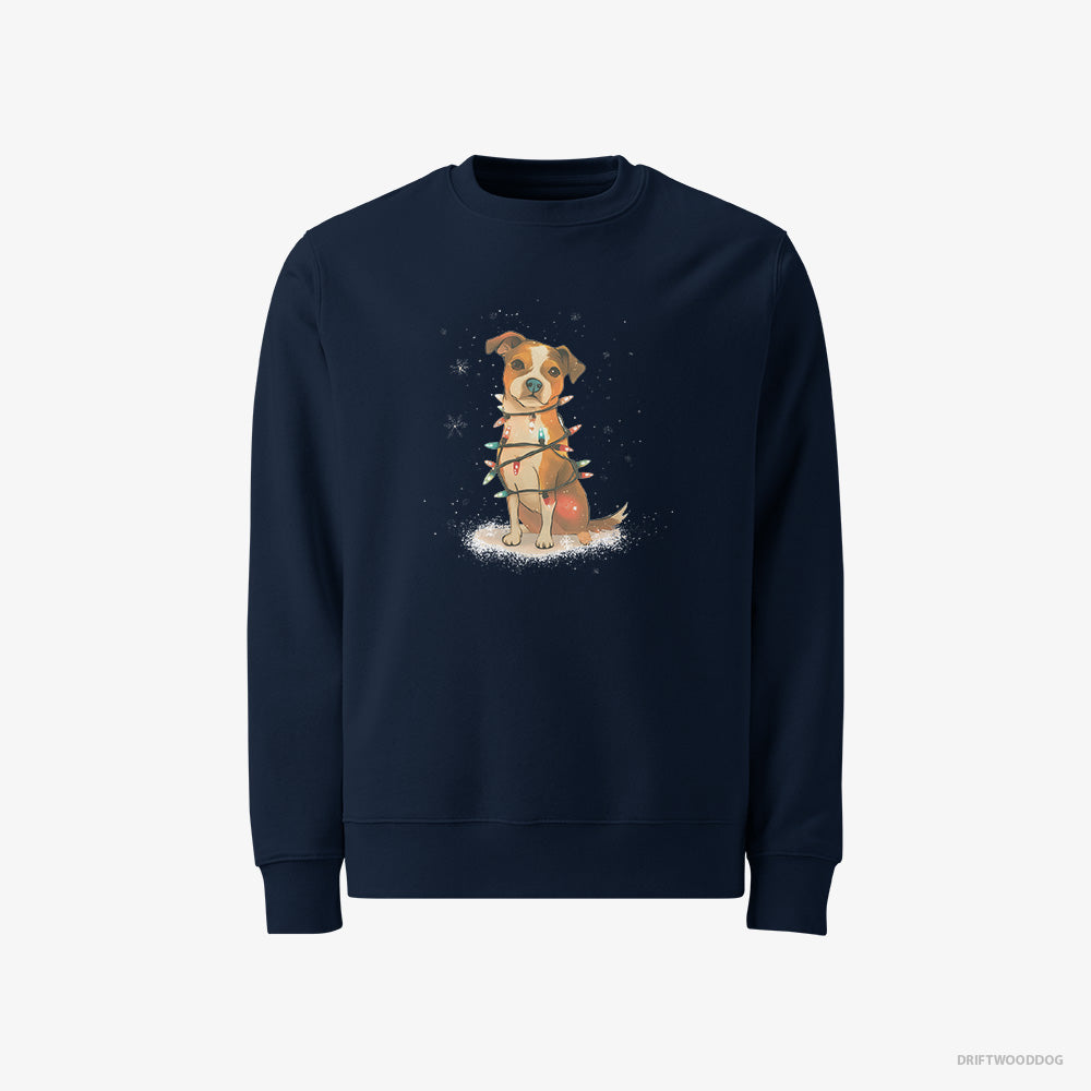 Jack Russell Terrier Sweatshirt – Men Navy Sweatshirt Classic – Wrapped in Glowing Christmas Lights (on White Background)