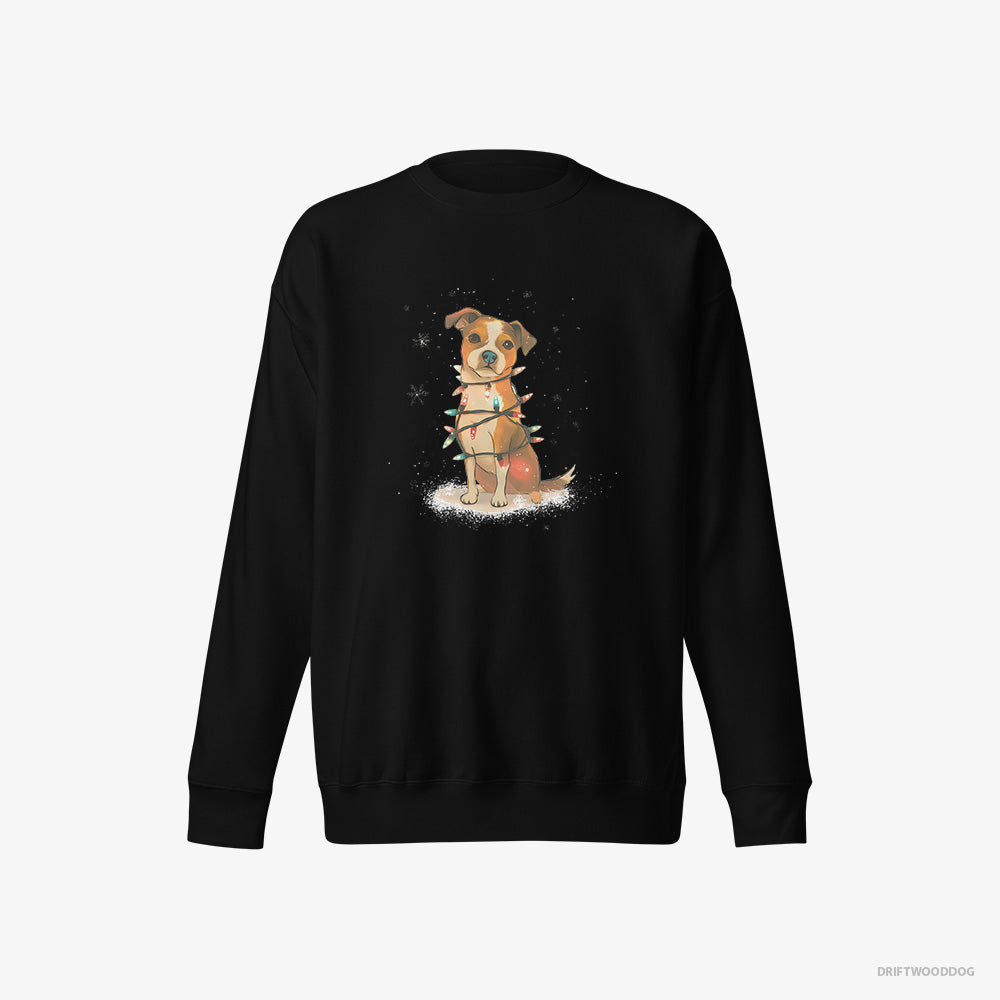 Jack Russell Terrier Sweatshirt – Women Black Sweatshirt Eco-Friendly – Wrapped in Glowing Christmas Lights (on White Background)