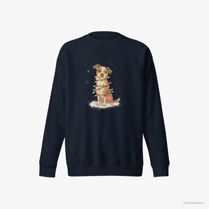 Jack Russell Terrier Sweatshirt – Men Navy Sweatshirt Eco-Friendly – Wrapped in Glowing Christmas Lights (on White Background)