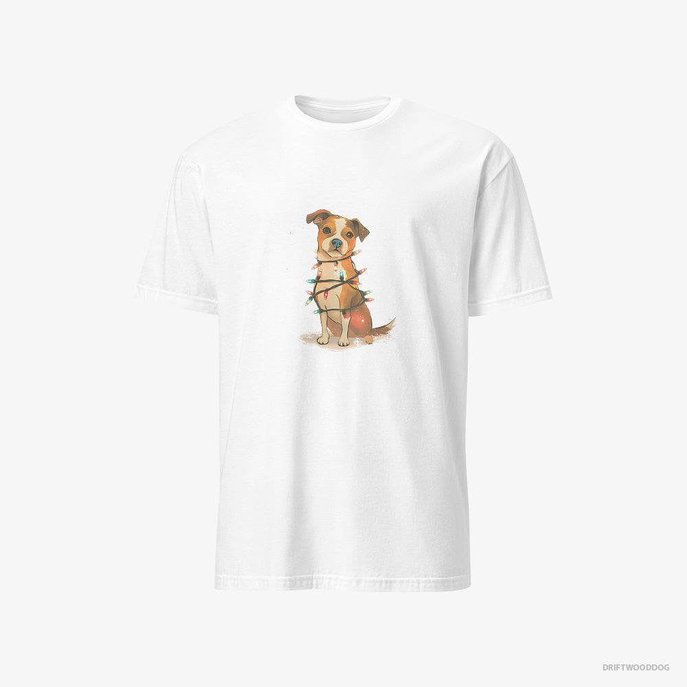 Jack Russell Terrier T-Shirt – Men White T-Shirt Classic – Wrapped in Glowing Christmas Lights (on White Background)