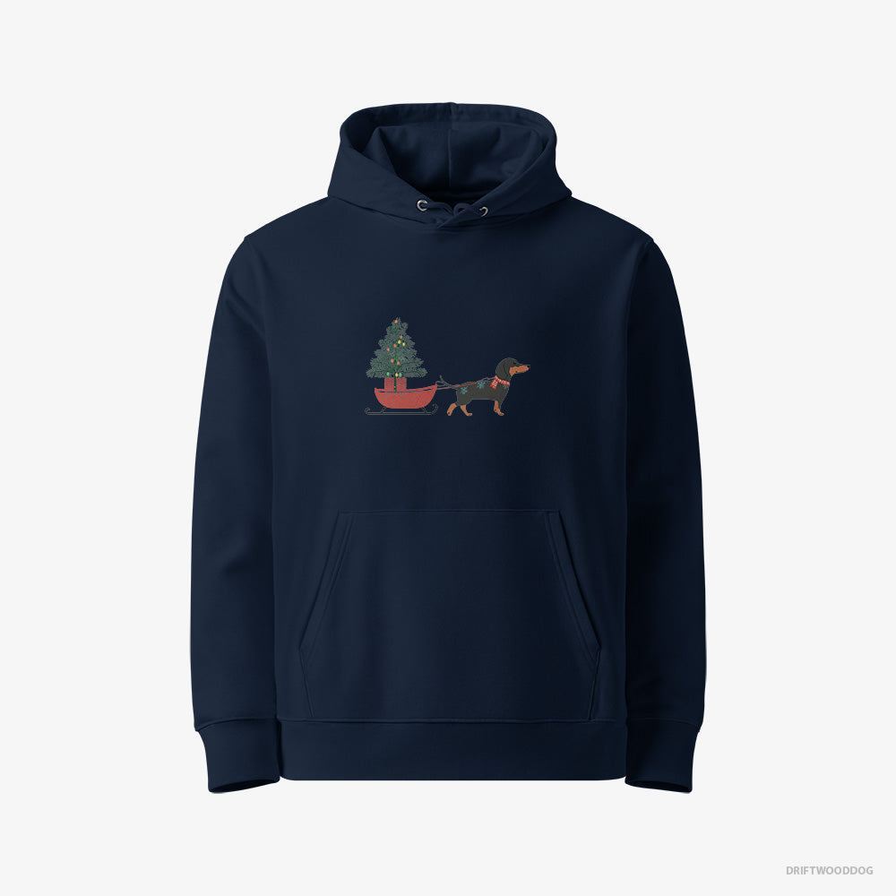 Dachshund Hoodie – Women Navy Hoodie Eco-Friendly – Pulling a Christmas Tree on a Sled (on White Background)