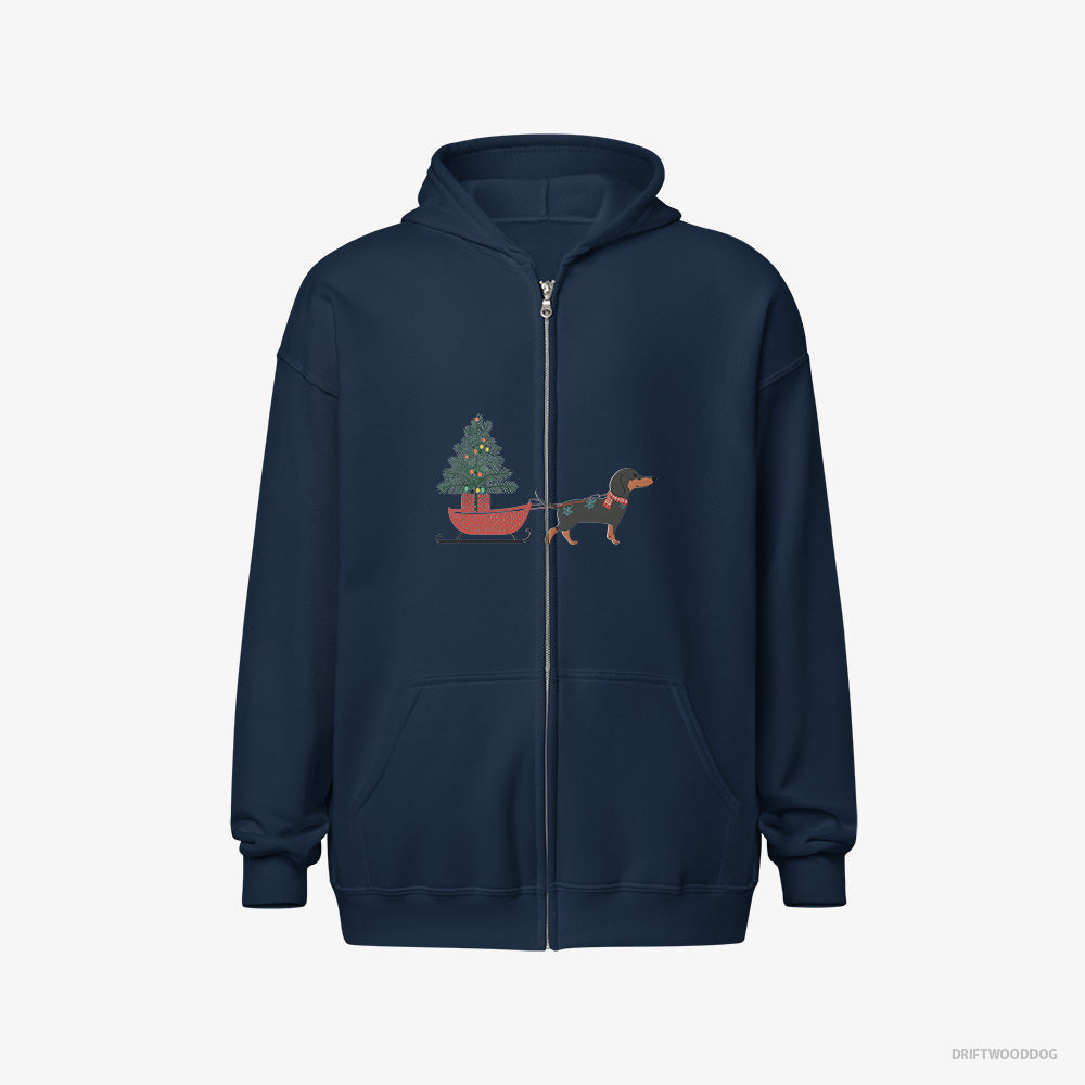 Black Dachshund Pulling a Christmas Tree on a Sled – Men's Hoodie Navy Full-Zip – Full-Zip