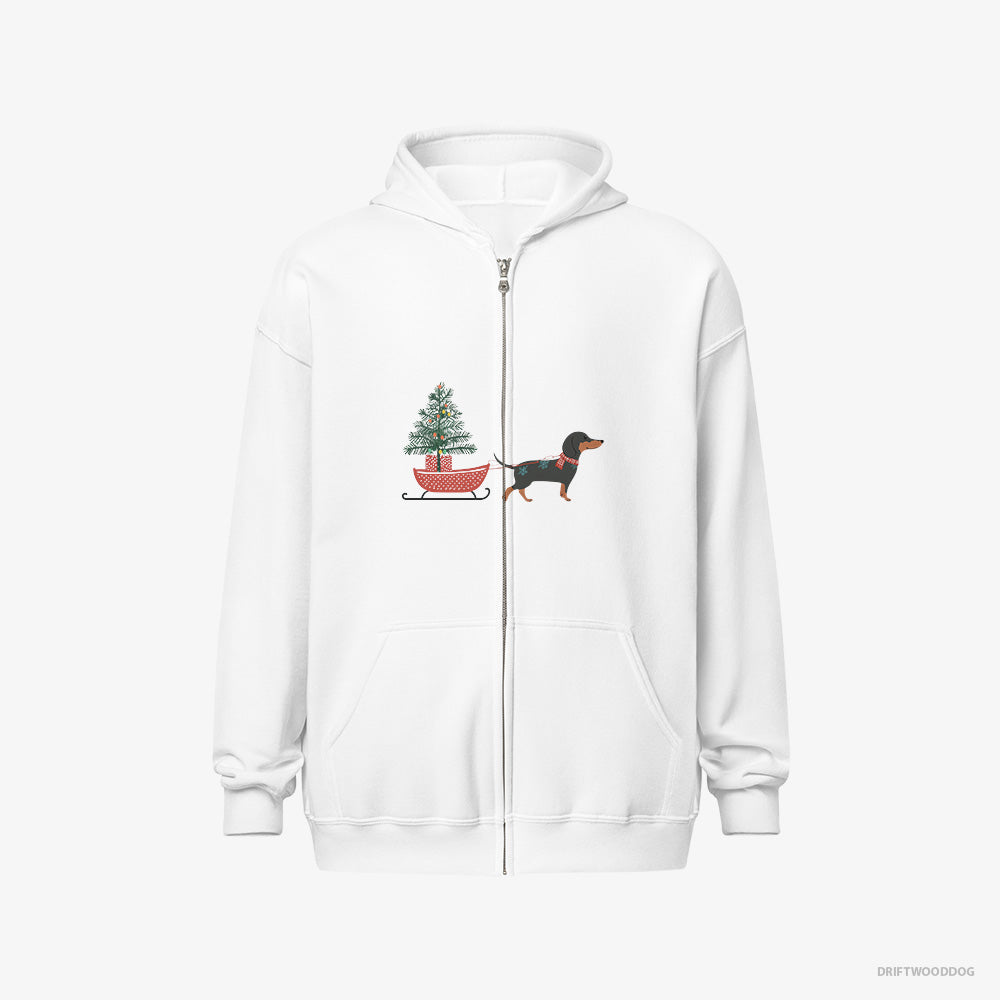 Dachshund Hoodie – Men White Hoodie Full-Zip – Pulling a Christmas Tree on a Sled (on White Background)