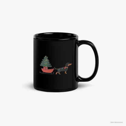 Dachshund Mug – Unisex Black Mug Classic – Pulling a Christmas Tree on a Sled (on White Background)