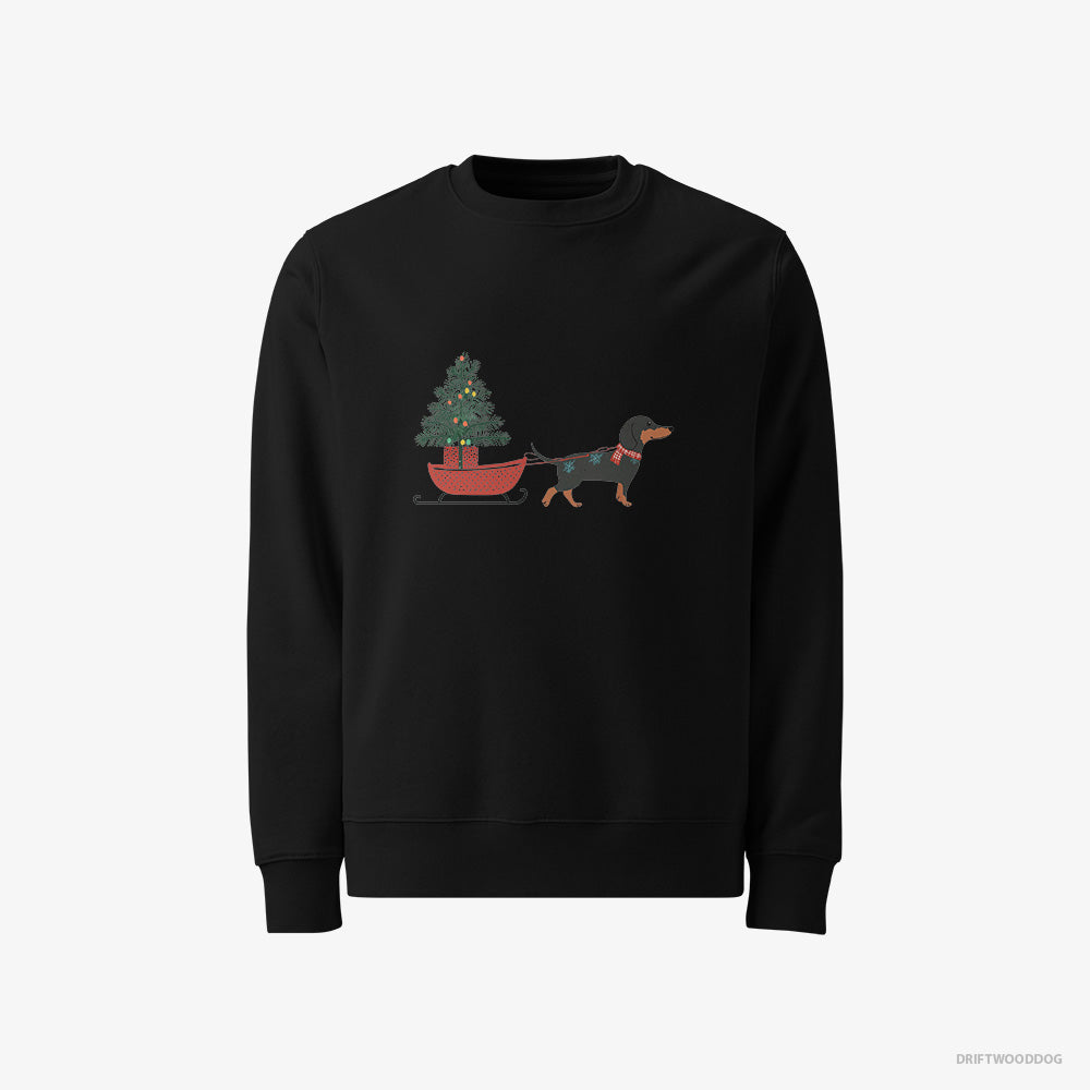 Dachshund Sweatshirt – Men Black Sweatshirt Classic – Pulling a Christmas Tree on a Sled (on White Background)