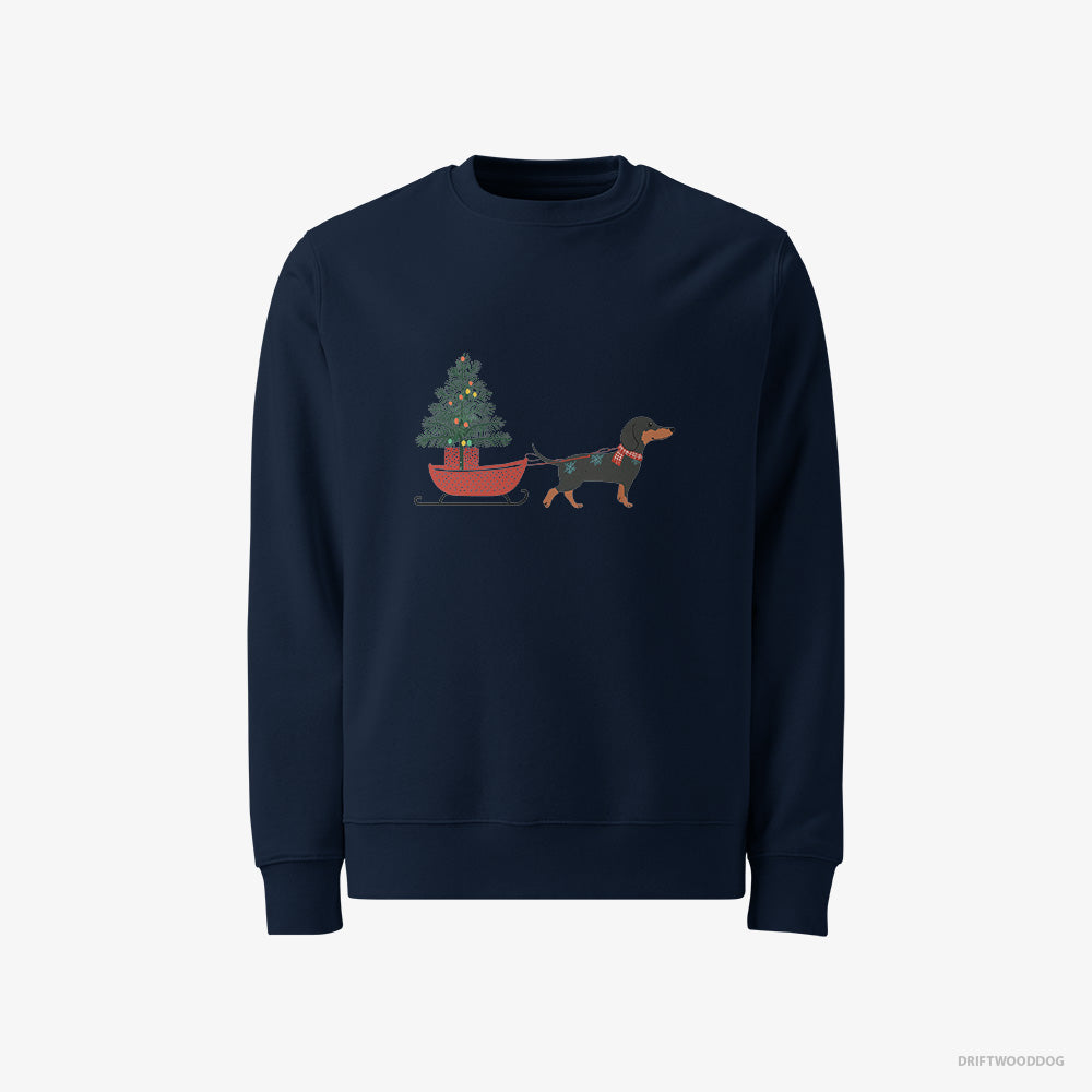 Dachshund Sweatshirt – Men Navy Sweatshirt Classic – Pulling a Christmas Tree on a Sled (on White Background)