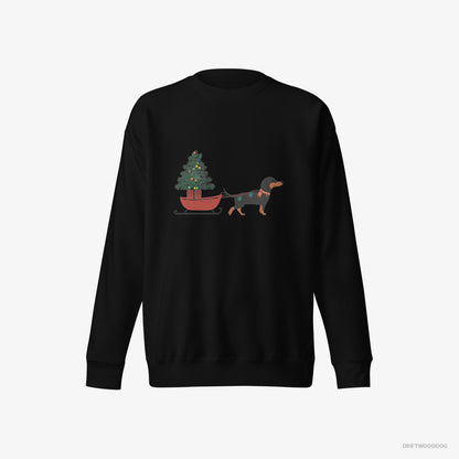 Dachshund Sweatshirt – Women Black Sweatshirt Eco-Friendly – Pulling a Christmas Tree on a Sled (on White Background)