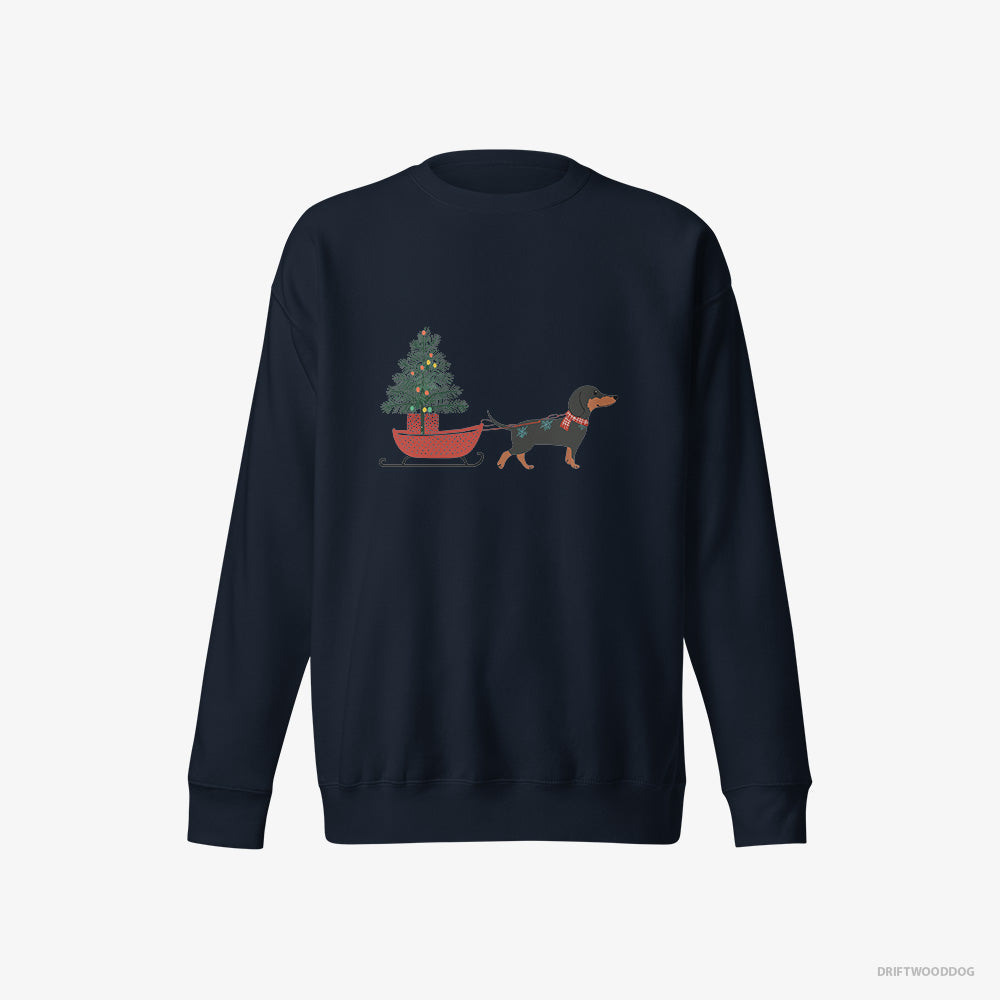 Black Dachshund Pulling a Christmas Tree on a Sled – Women's Sweatshirt Navy Eco – Eco-Friendly