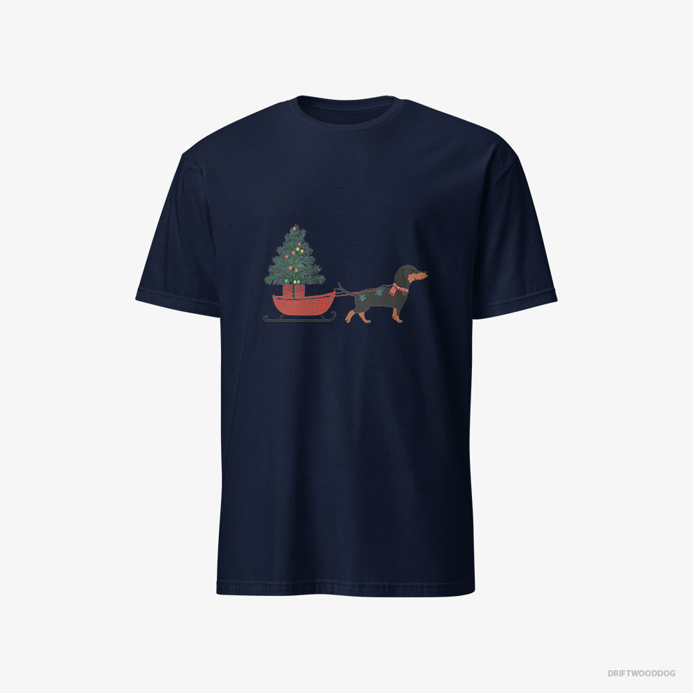 Dachshund T-Shirt – Men Navy T-Shirt Classic – Pulling a Christmas Tree on a Sled (on White Background)