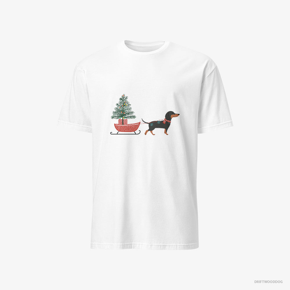 Dachshund T-Shirt – Men White T-Shirt Classic – Pulling a Christmas Tree on a Sled (on White Background)