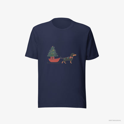 Dachshund T-Shirt – Men Navy T-Shirt Eco-Friendly – Pulling a Christmas Tree on a Sled (on White Background)