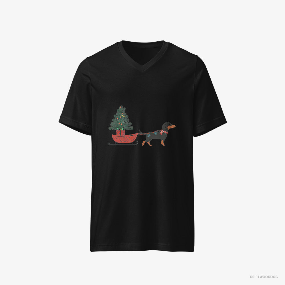 Dachshund T-Shirt – Men Black T-Shirt V-Neck – Pulling a Christmas Tree on a Sled (on White Background)