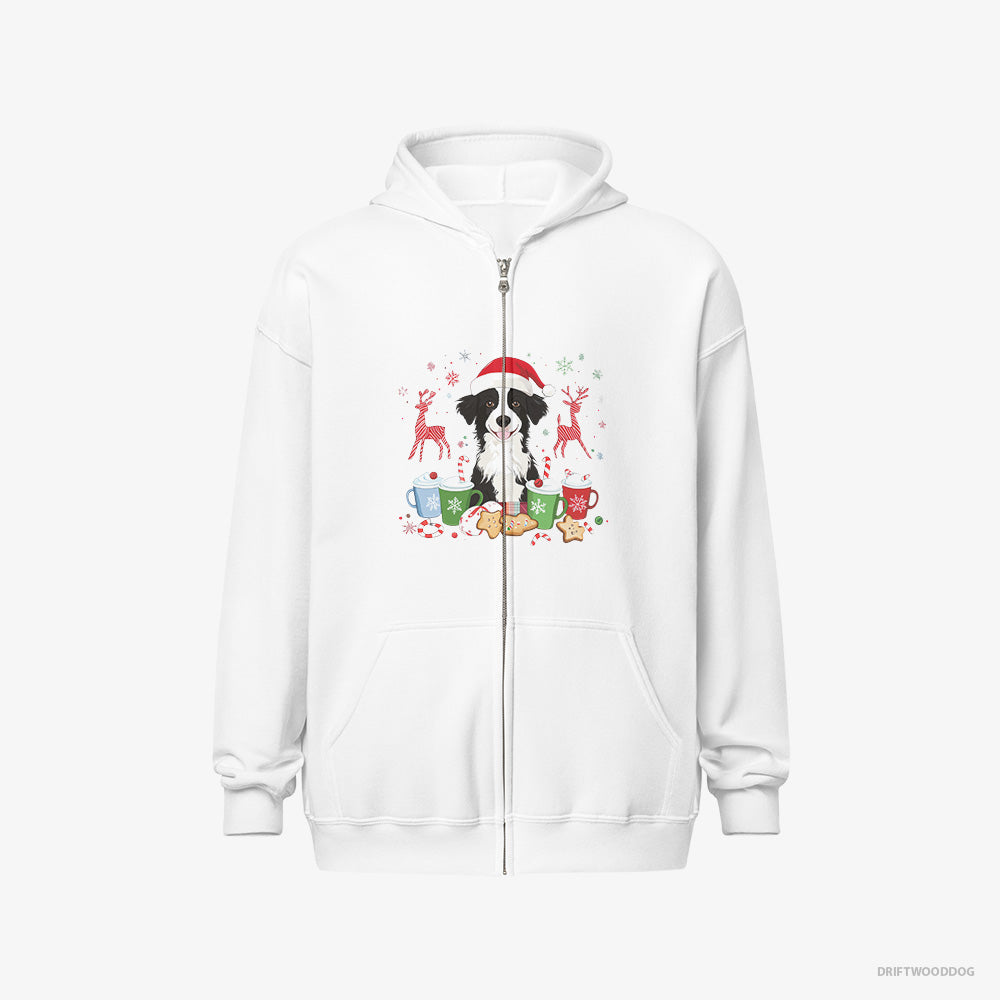 Border Collie Hoodie – Men White Hoodie Full-Zip – Celebrating the Christmas Season (on White Background)