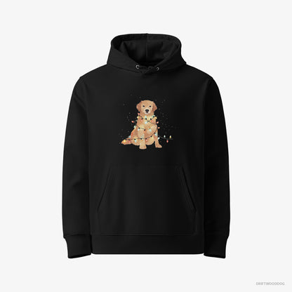 Golden Retriever Hoodie – Men Black Hoodie Eco-Friendly – Adorned with Christmas Lights (on White Background)