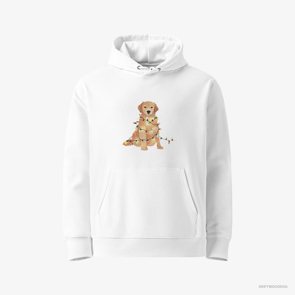 Golden Retriever Hoodie – Women White Hoodie Eco-Friendly – Adorned with Christmas Lights (on White Background)