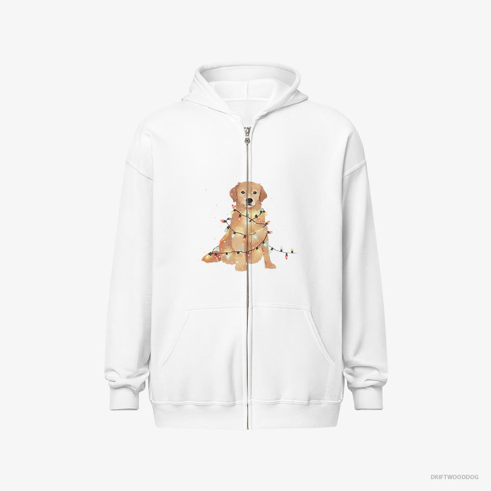 Golden Retriever Hoodie – Men White Hoodie Full-Zip – Adorned with Christmas Lights (on White Background)