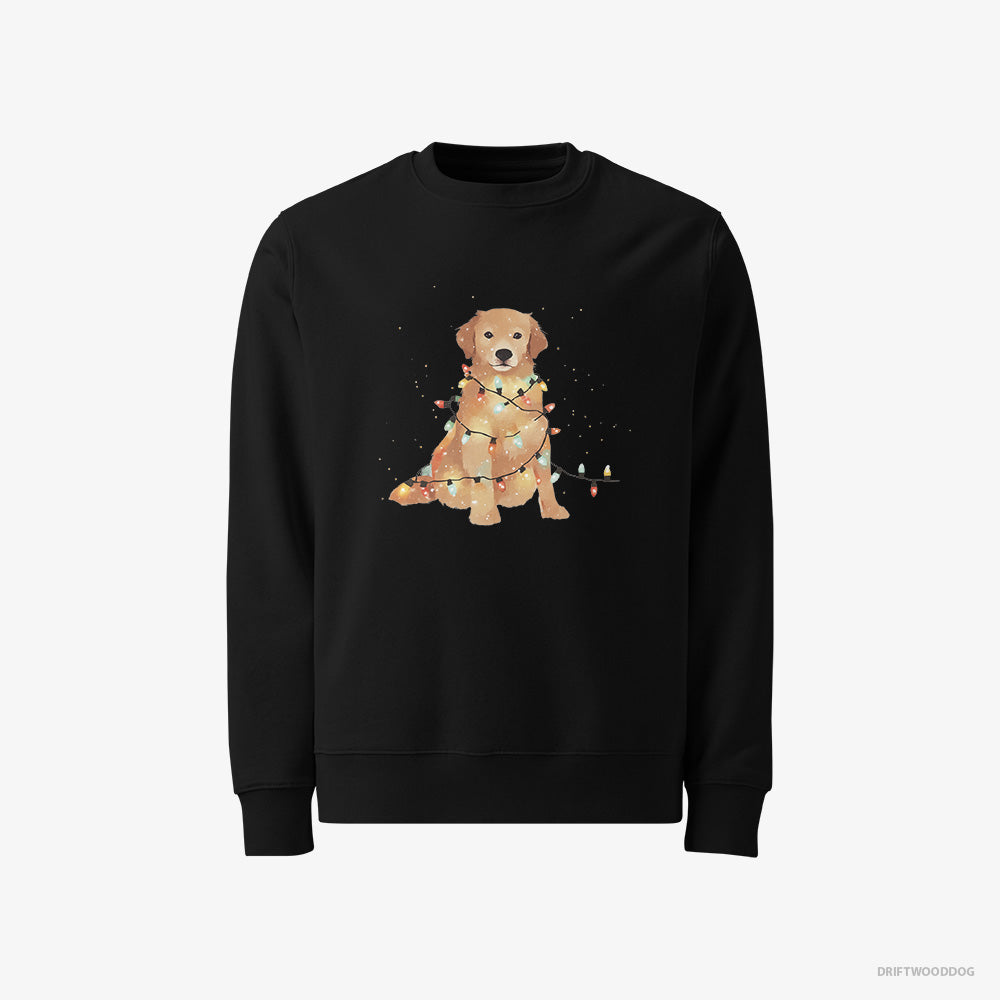 Golden Retriever Sweatshirt – Women Black Sweatshirt Classic – Adorned with Christmas Lights (on White Background)