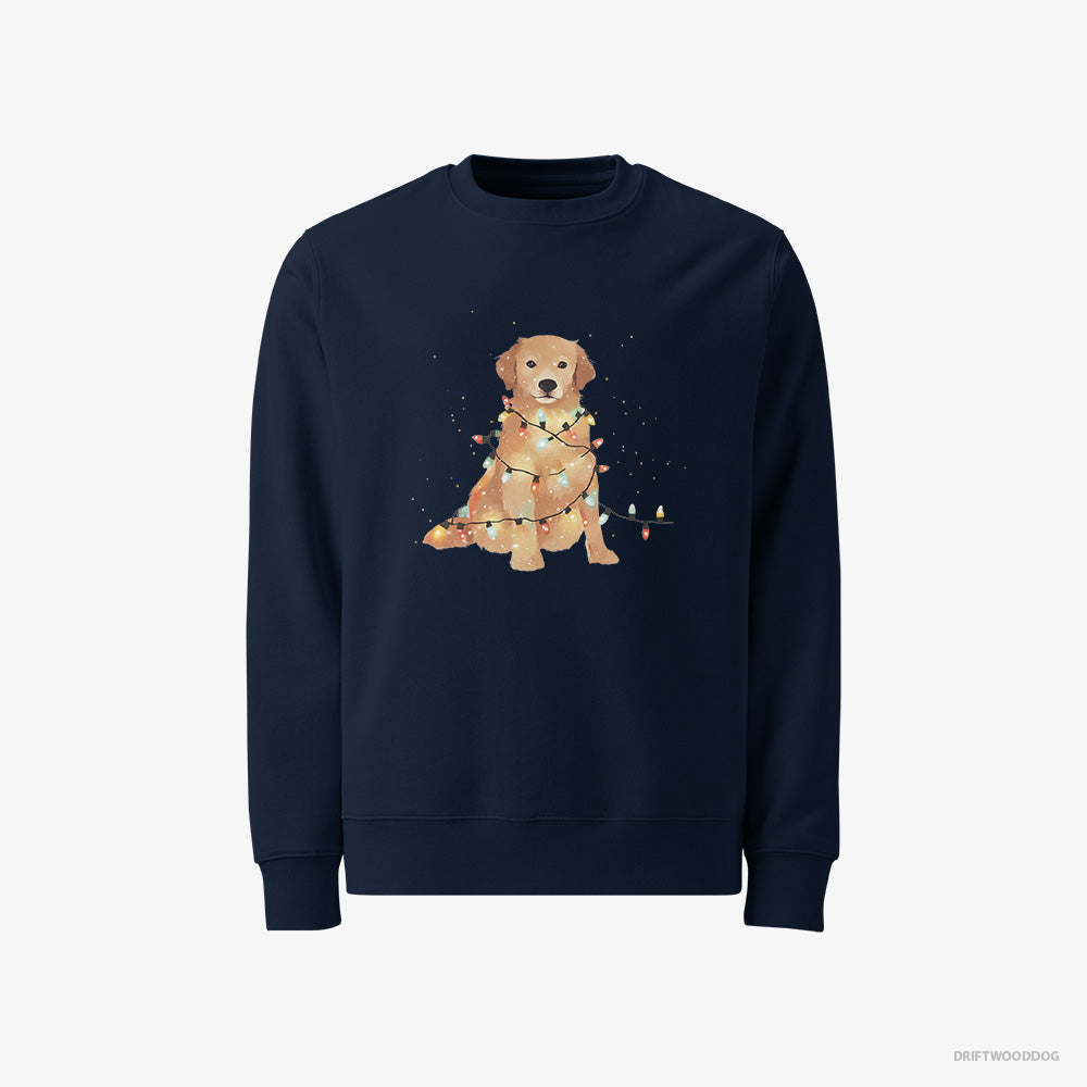 Golden Retriever Sweatshirt – Men Navy Sweatshirt Classic – Adorned with Christmas Lights (on White Background)