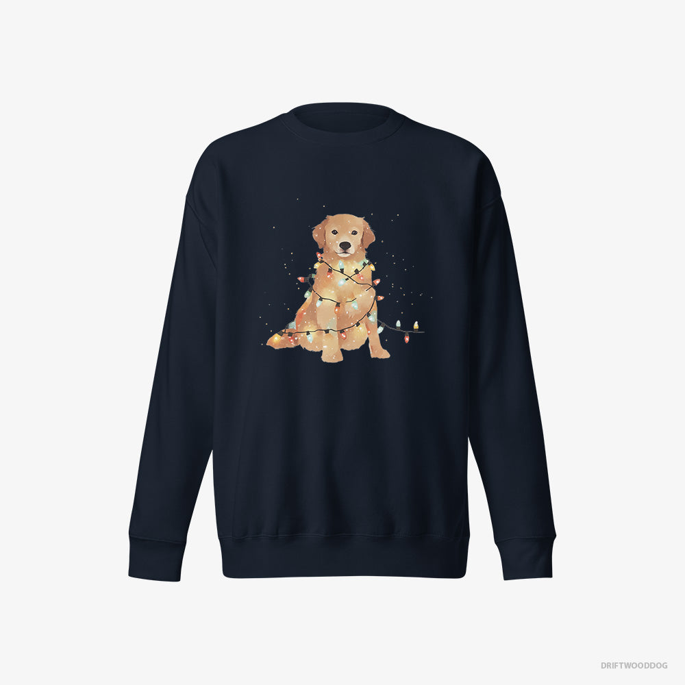 Golden Retriever Sweatshirt – Men Navy Sweatshirt Eco-Friendly – Adorned with Christmas Lights (on White Background)