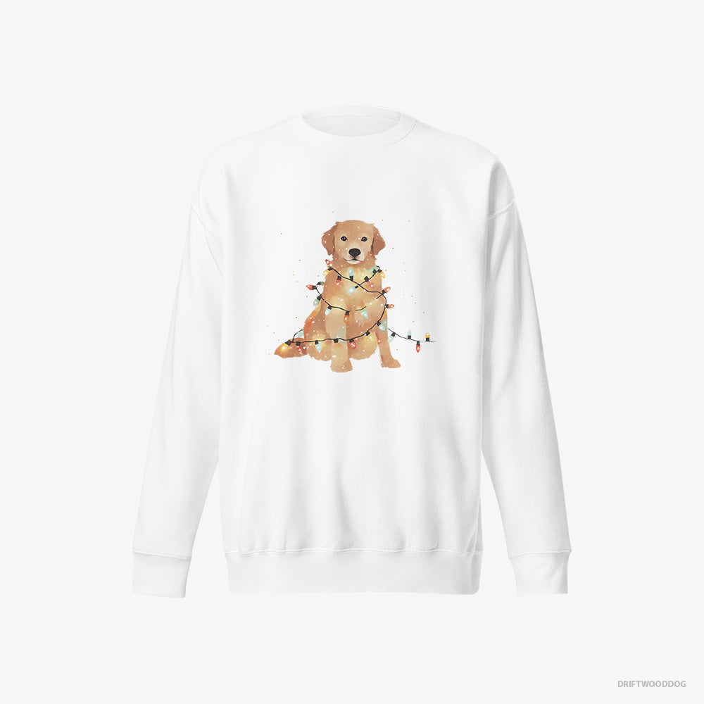 Golden Retriever Sweatshirt – Men White Sweatshirt Eco-Friendly – Adorned with Christmas Lights (on White Background)