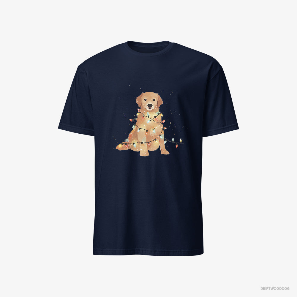 Golden Retriever T-Shirt – Men Navy T-Shirt Classic – Adorned with Christmas Lights (on White Background)