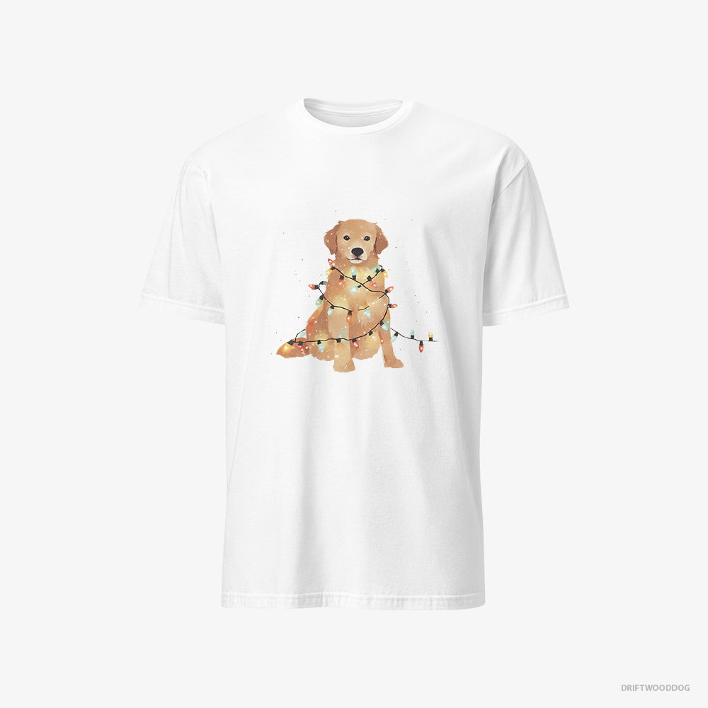 Golden Retriever T-Shirt – Men White T-Shirt Classic – Adorned with Christmas Lights (on White Background)