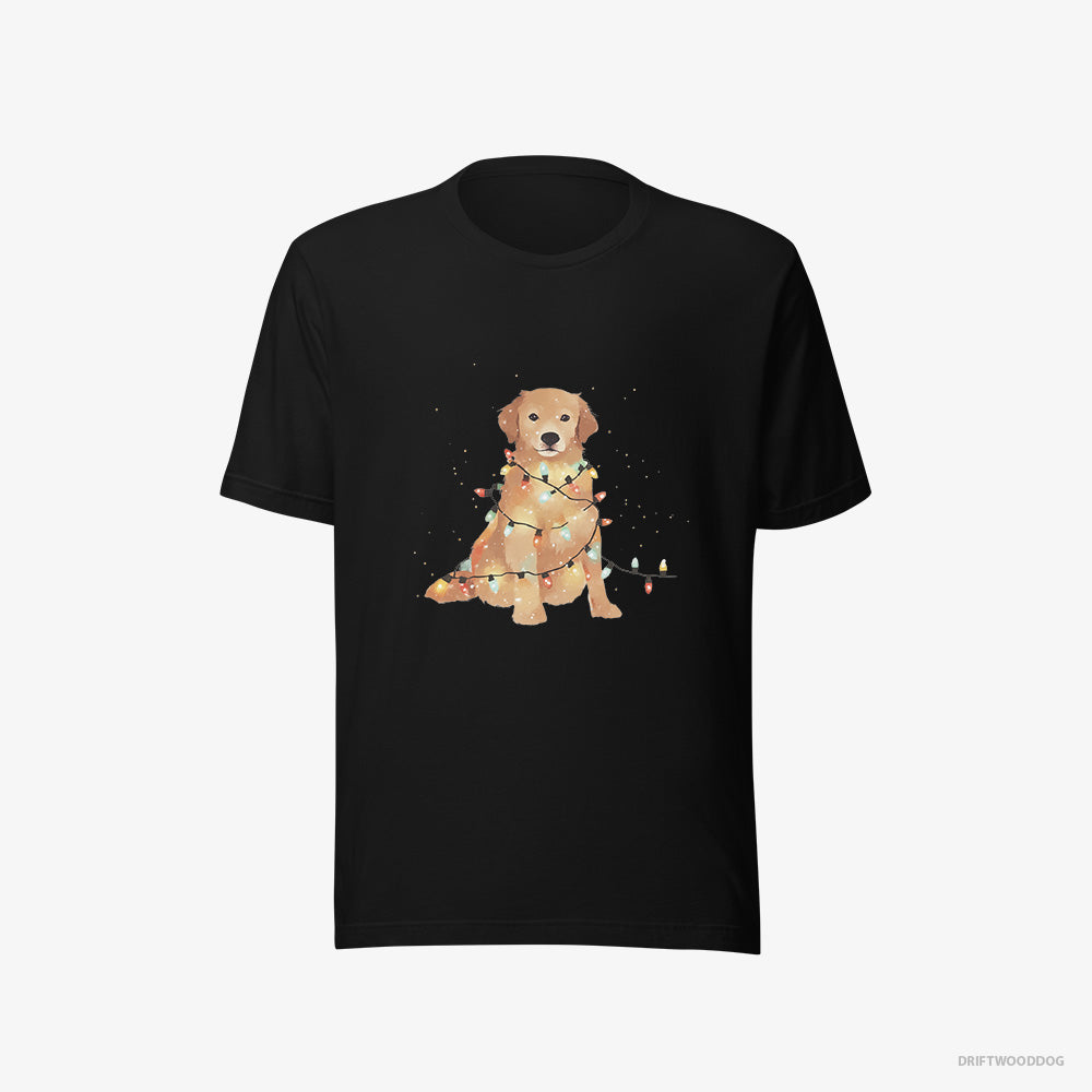 Golden Retriever T-Shirt – Men Black T-Shirt Eco-Friendly – Adorned with Christmas Lights (on White Background)