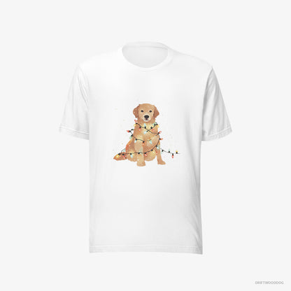 Golden Retriever T-Shirt – Men White T-Shirt Eco-Friendly – Adorned with Christmas Lights (on White Background)