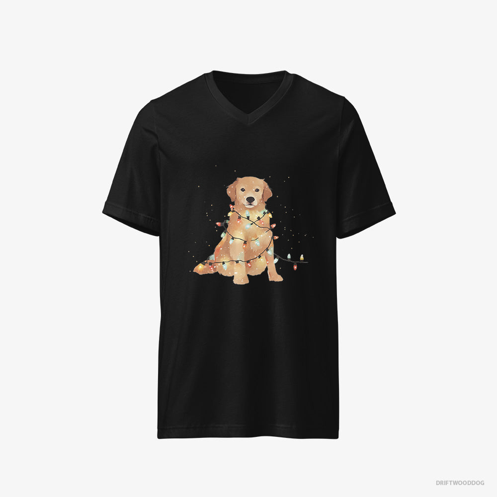 Golden Retriever T-Shirt – Men Black T-Shirt V-Neck – Adorned with Christmas Lights (on White Background)