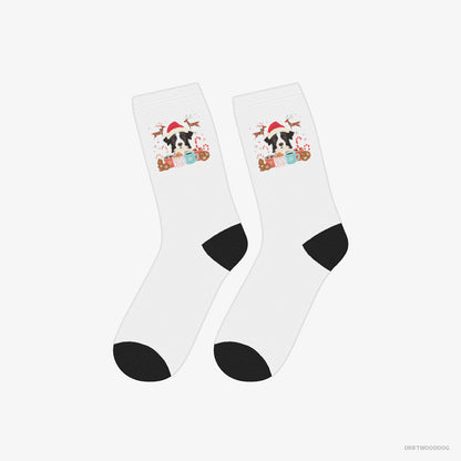 Border Collie Socks – Unisex White Socks Eco-Friendly – in a Christmas Theme (on White Background)