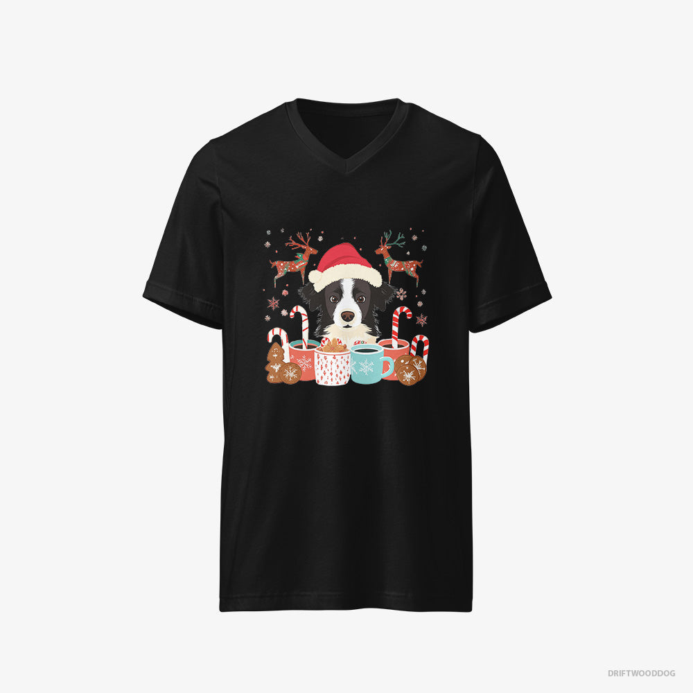 Border Collie T-Shirt – Men Black T-Shirt V-Neck – in a Christmas Theme (on White Background)