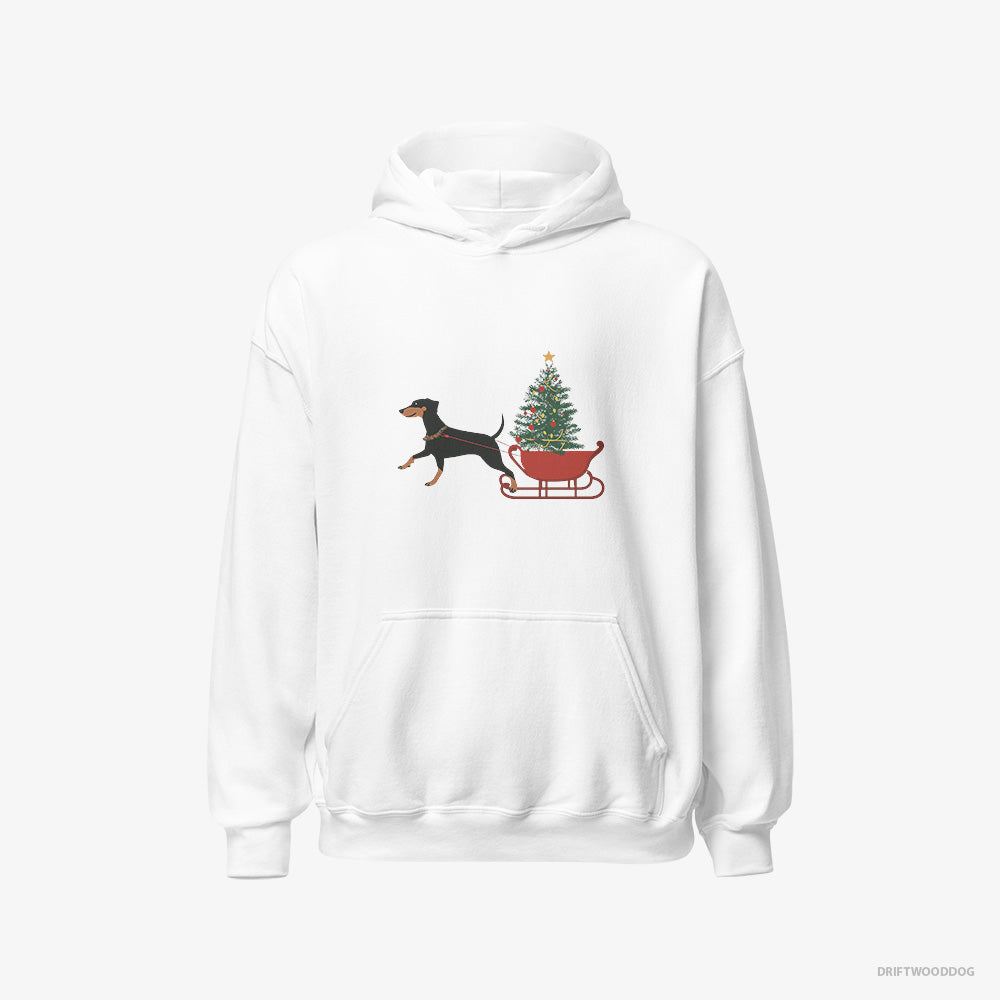 Dobermann Hoodie – Men White Hoodie Classic – Dragging a Tree on a Sled (on White Background)