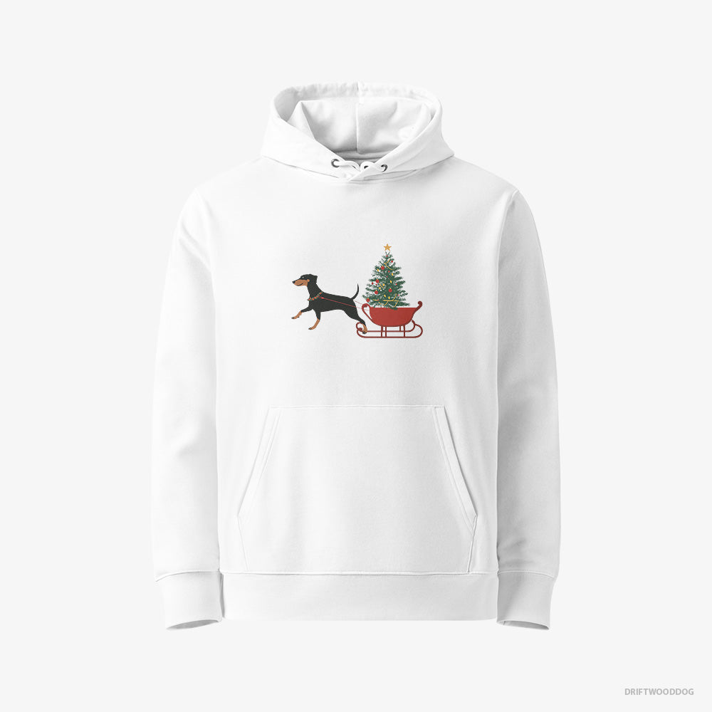 Dobermann Hoodie – Women White Hoodie Eco-Friendly – Dragging a Tree on a Sled (on White Background)