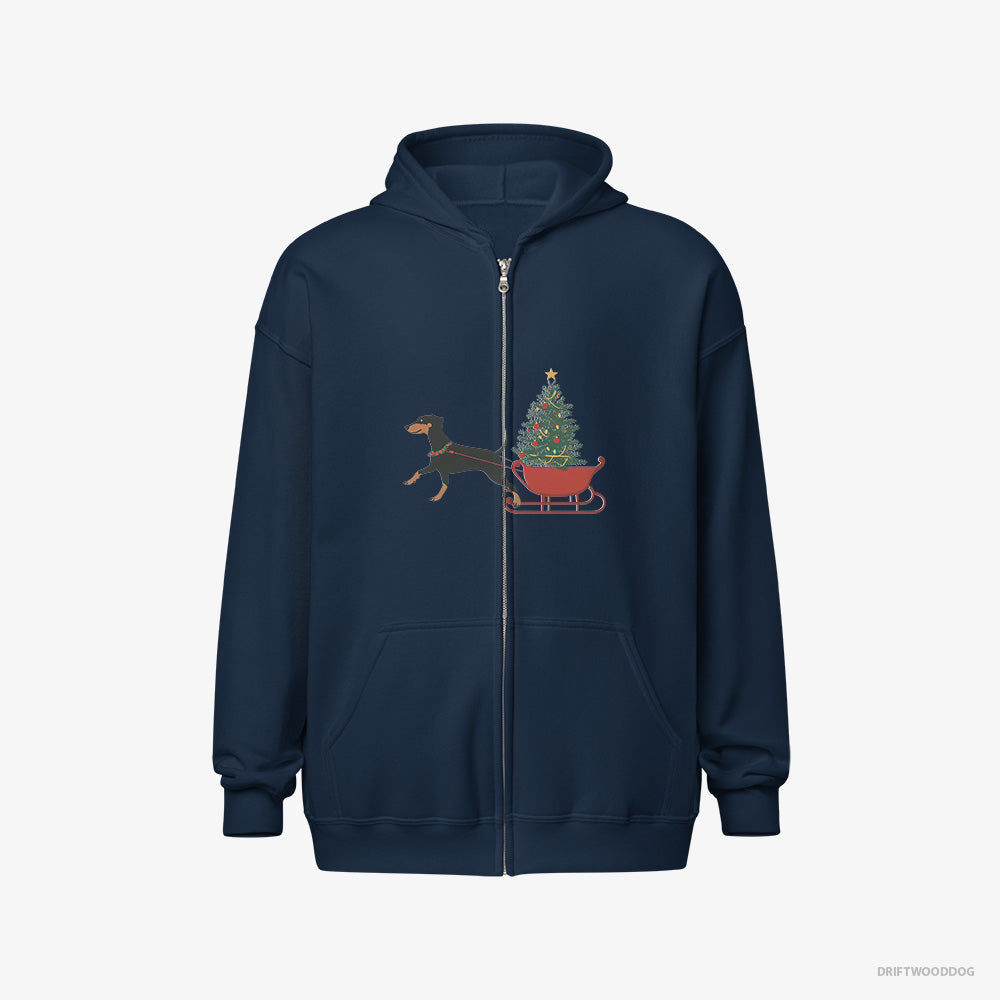 Dobermann Hoodie – Men Navy Hoodie Full-Zip – Dragging a Tree on a Sled (on White Background)