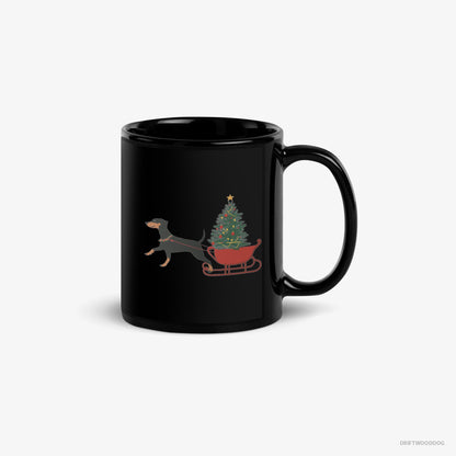 Dobermann Mug – Unisex Black Mug Classic – Dragging a Tree on a Sled (on White Background)