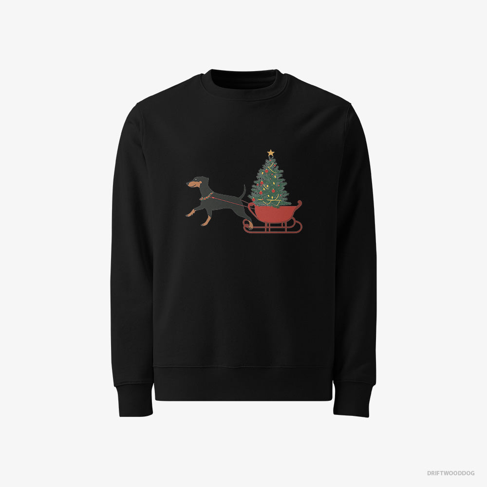 Dobermann Sweatshirt – Men Black Sweatshirt Classic – Dragging a Tree on a Sled (on White Background)