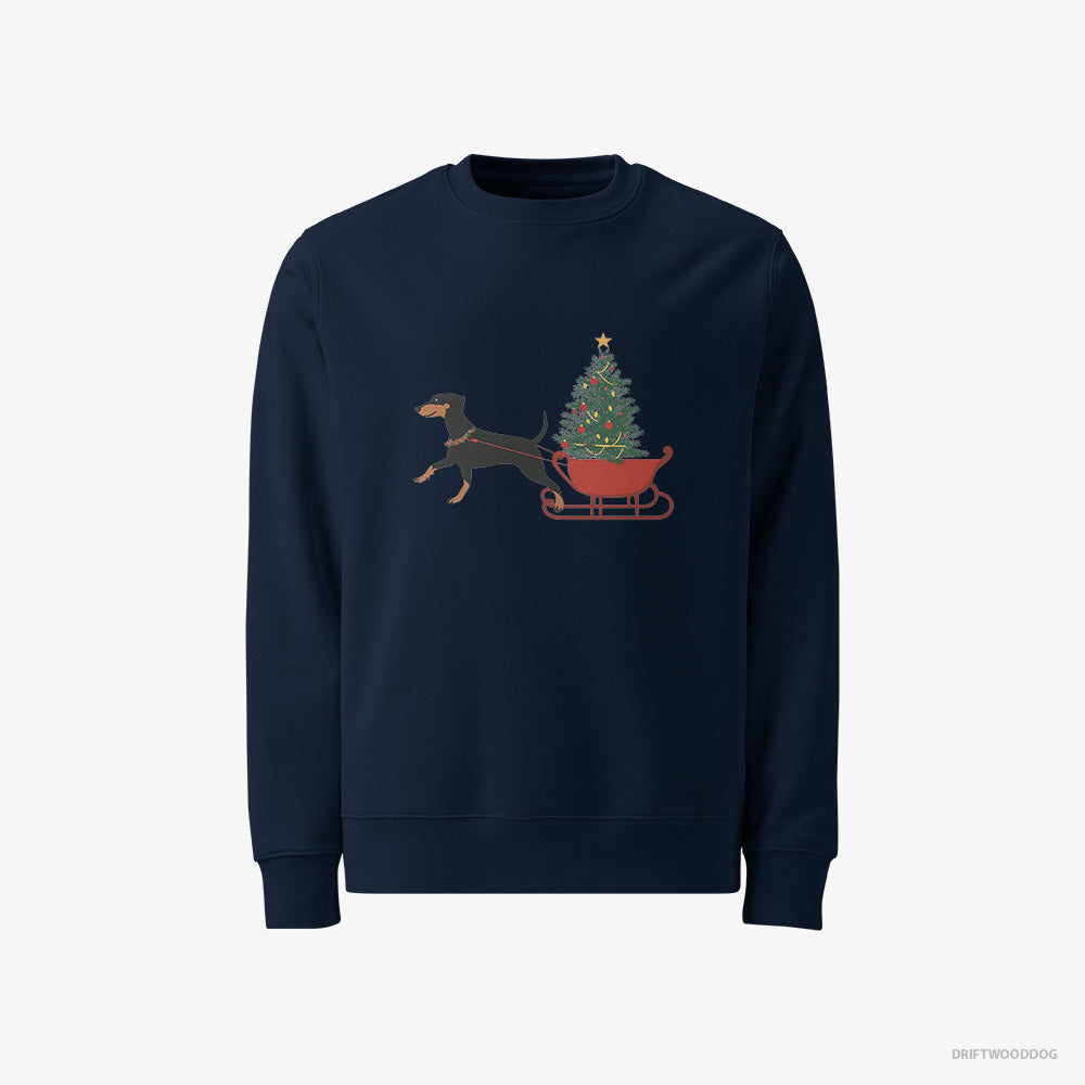 Dobermann Sweatshirt – Men Navy Sweatshirt Classic – Dragging a Tree on a Sled (on White Background)