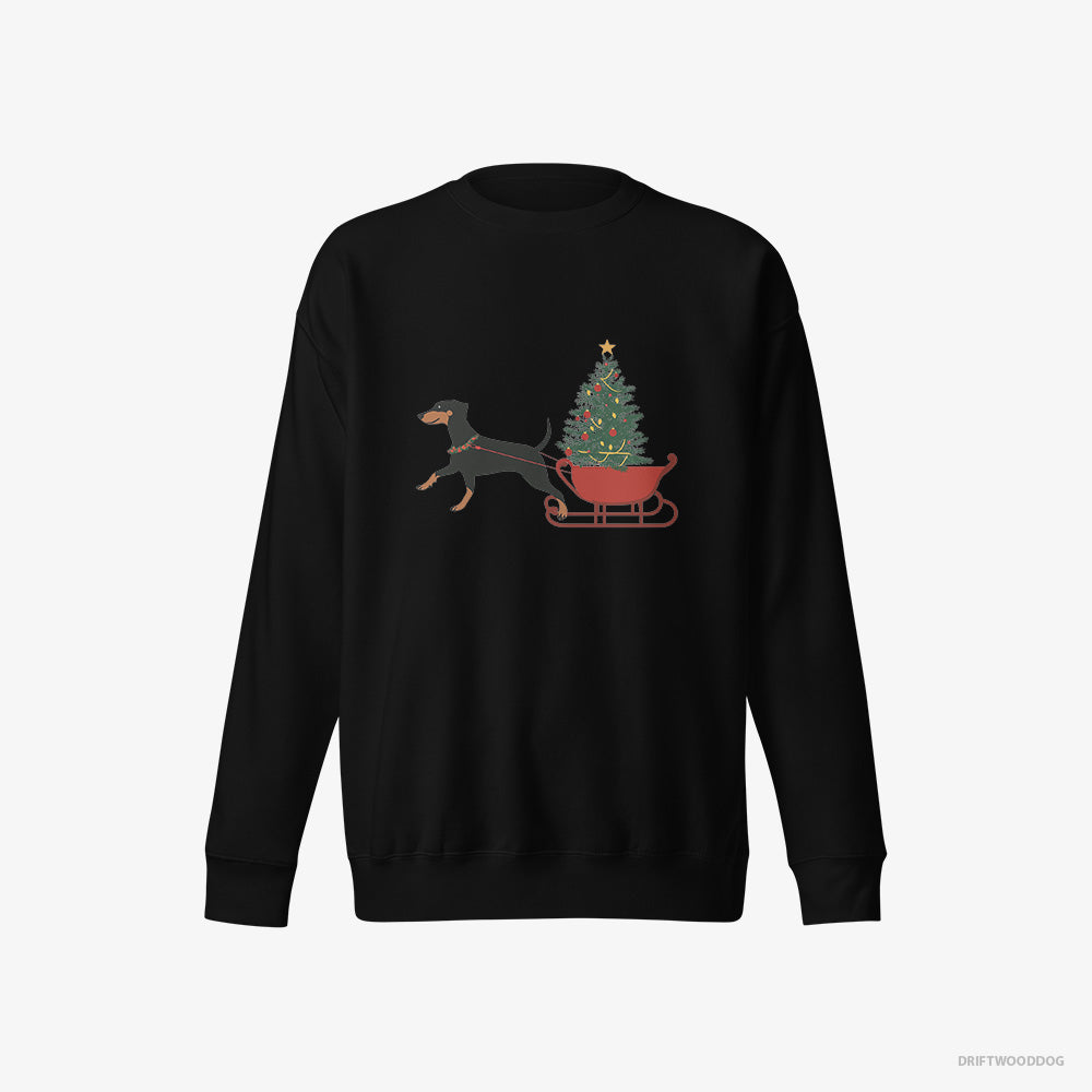 Dobermann Sweatshirt – Women Black Sweatshirt Eco-Friendly – Dragging a Tree on a Sled (on White Background)