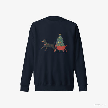 Dobermann Sweatshirt – Men Navy Sweatshirt Eco-Friendly – Dragging a Tree on a Sled (on White Background)