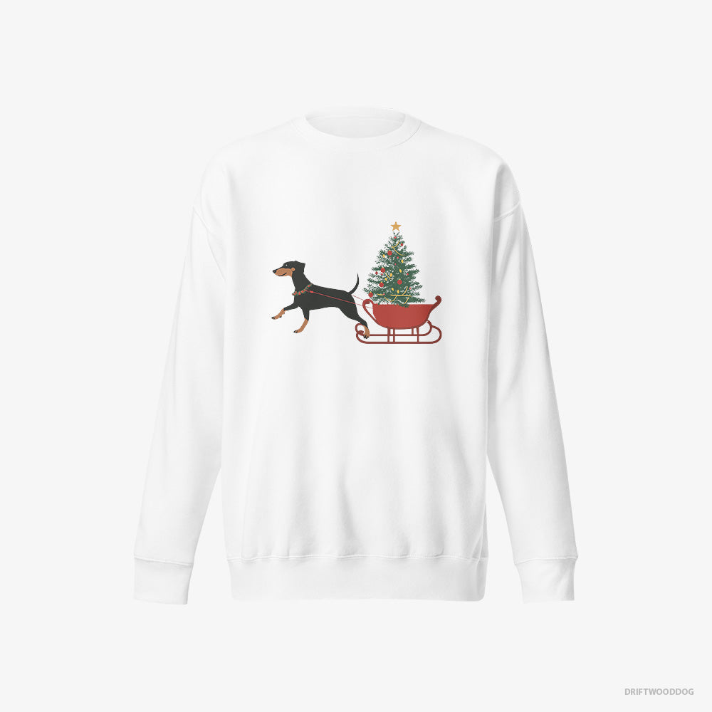 Dobermann Sweatshirt – Men White Sweatshirt Eco-Friendly – Dragging a Tree on a Sled (on White Background)