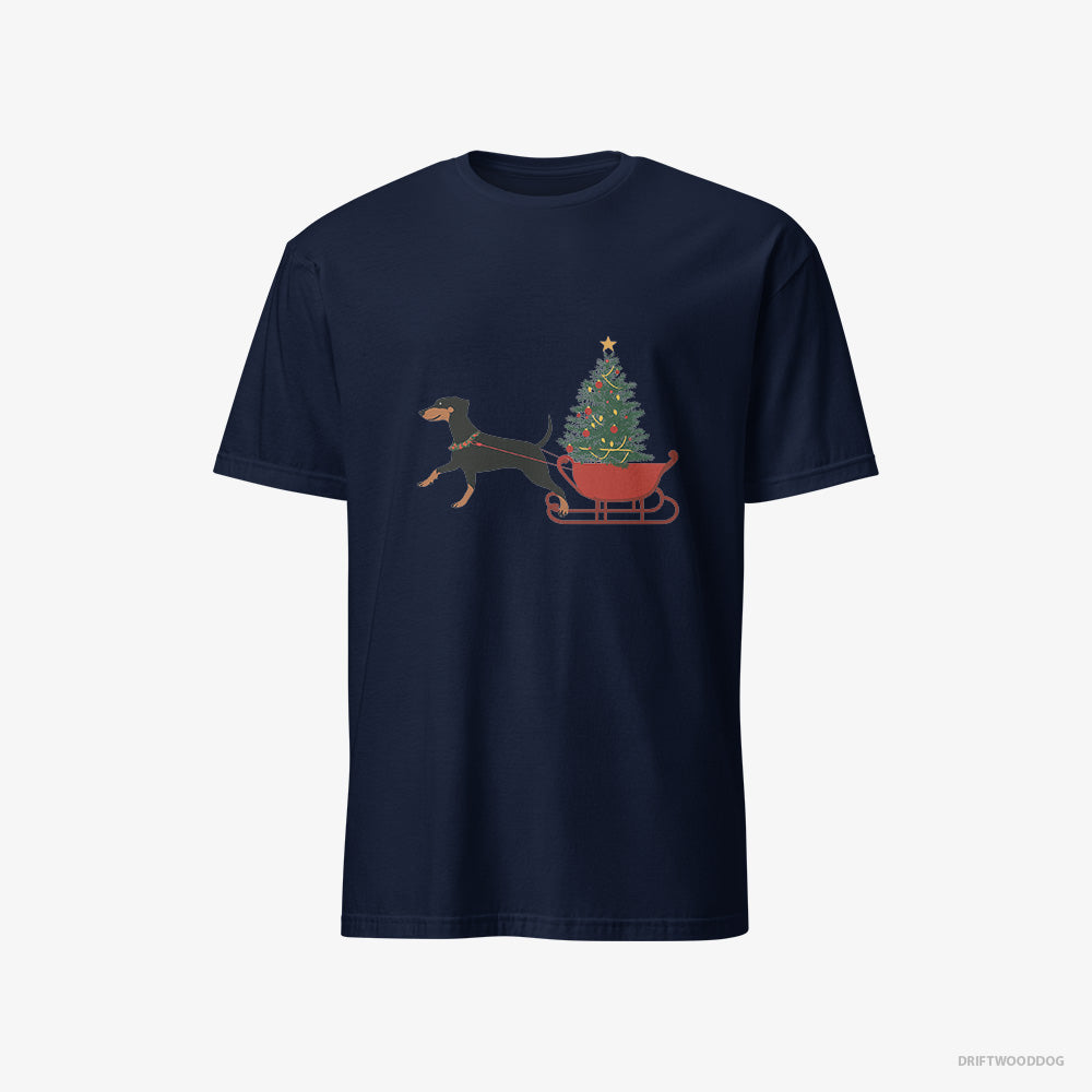 Dobermann T-Shirt – Men Navy T-Shirt Classic – Dragging a Tree on a Sled (on White Background)