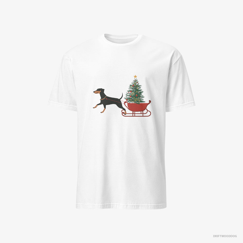 Dobermann T-Shirt – Men White T-Shirt Classic – Dragging a Tree on a Sled (on White Background)