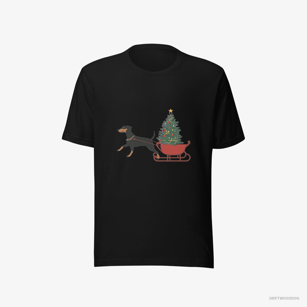 Dobermann T-Shirt – Men Black T-Shirt Eco-Friendly – Dragging a Tree on a Sled (on White Background)